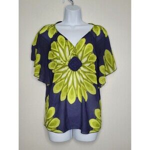 HeartSoul green blue flower print dolman sleeve flowy semi sheer top size med